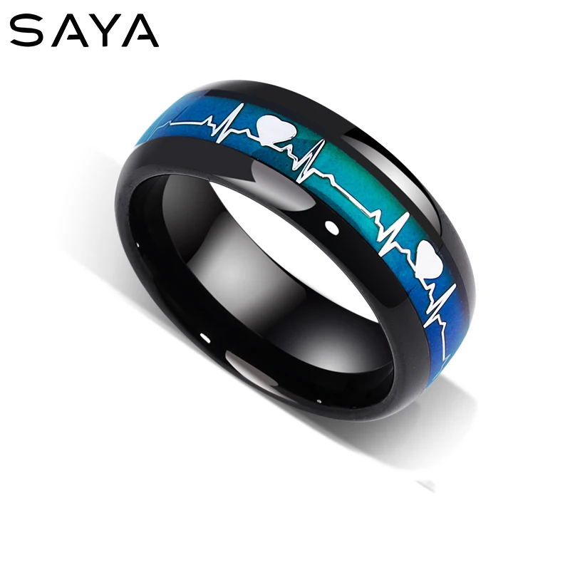 8mm Width Black Color Tungsten Carbide Rings Temperature Band with Heart Beating Pattern Temperature-sensitive Color, Engraving