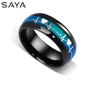 

8mm Width Black Color Tungsten Carbide Rings Temperature Band with Heart Beating Pattern & Temperature-sensitive Color, Customiz
