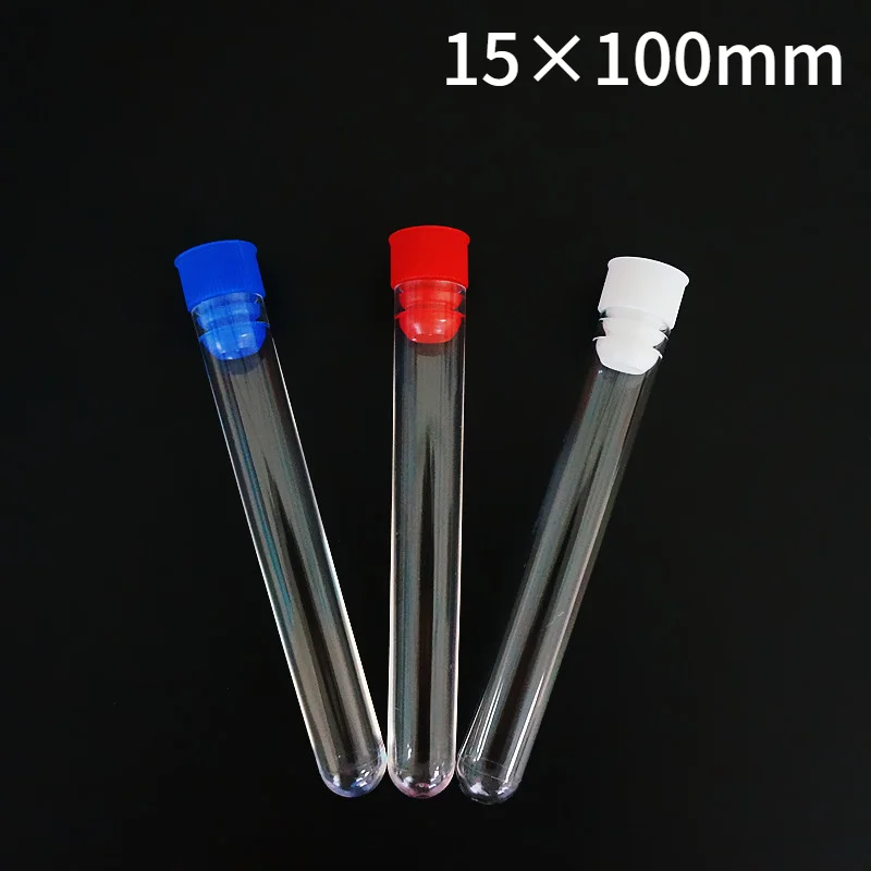 

50pcs/lot 15x100mm Clear Plastic Test Tubes With Plastic Blue/Red/White Stopper Push Cap For School Experiments And Tests