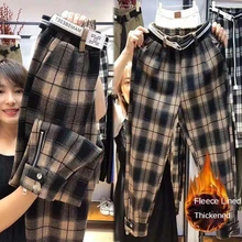 

Fleece Harem Pants Women Autumn Winter Thick Loose Woman Pants Plus Size Plaid Pants Female Zipper Ankle-Tied Ankle-Length Pants