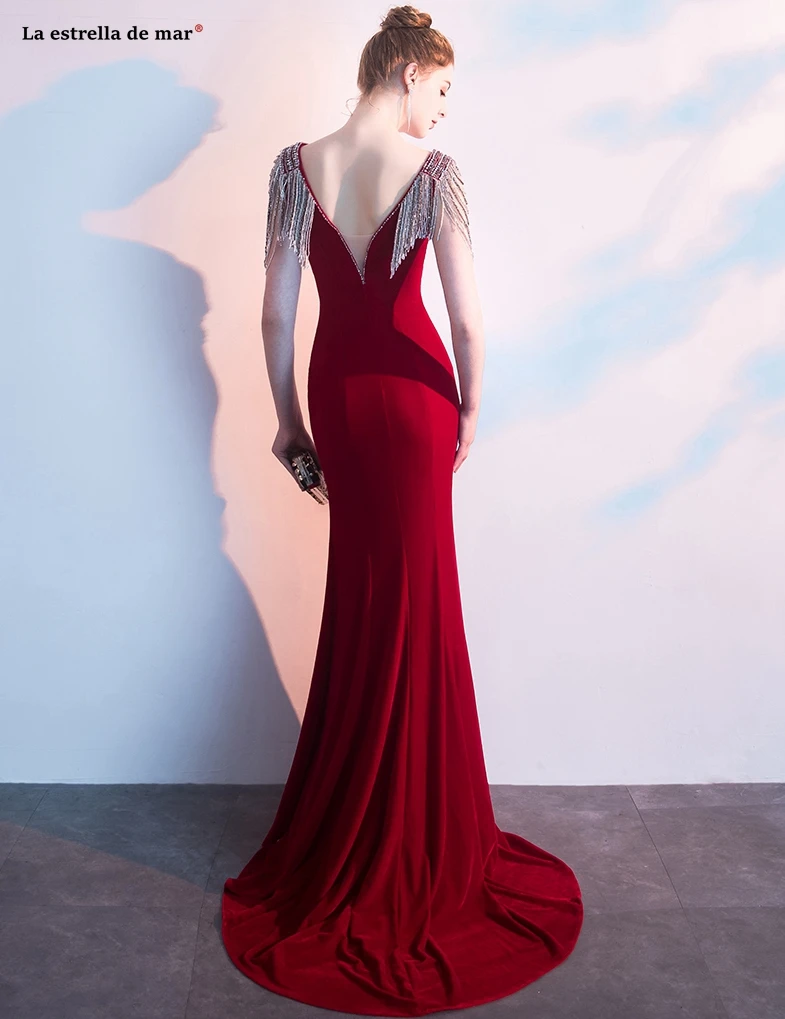 Vestido fiesta largo de noche2019 Новое атласное платье с v-образным вырезом, украшенное кристаллами и кисточками, бордовое сексуальное дубайское вечернее платье с русалочкой, большие размеры, платье для выпускного вечера