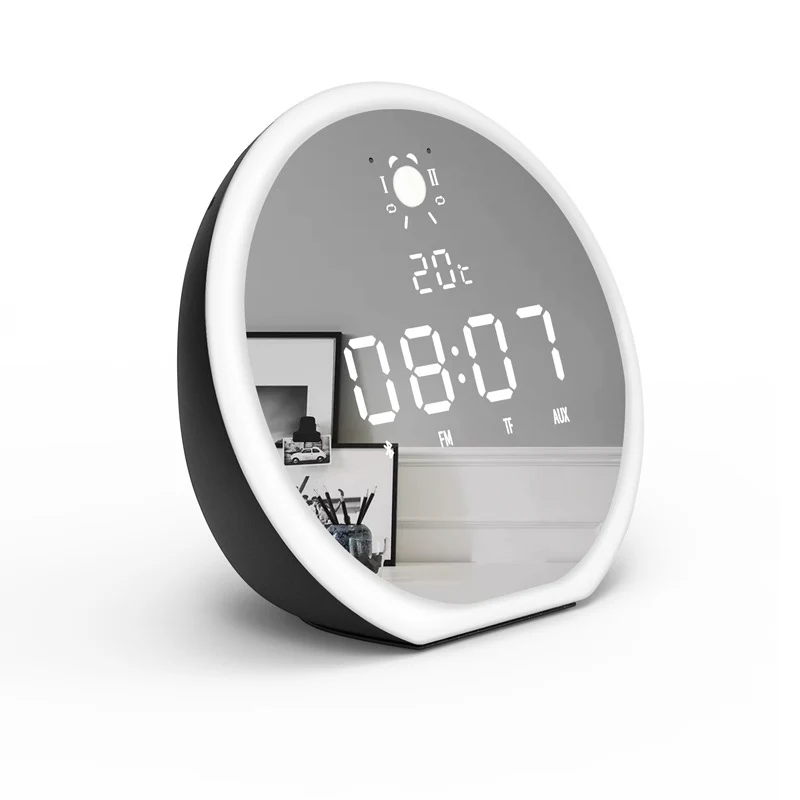 Будильник беспроводной Bluetooth динамик ночной Светильник FM радио Светодиодный зеркальный Повтор Настольный сабвуфер музыкальный плеер двойные сигналы цифровой