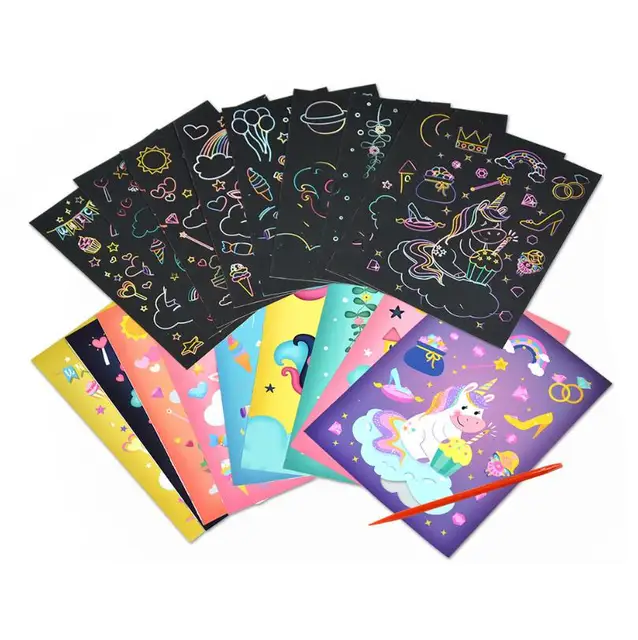 9pcs/set Scratch Art Paper Magic Painting Paper with Drawing Stick For Kids Toy Colorful Drawing Book Toys For Children 2