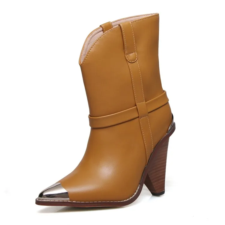 Camel Модные женские ботинки до середины икры с острым носком на высоком массивном каблуке; ботинки на танкетке; сезон осень-зима; женские ковбойские ботинки; обувь для сцены - Color: Camel