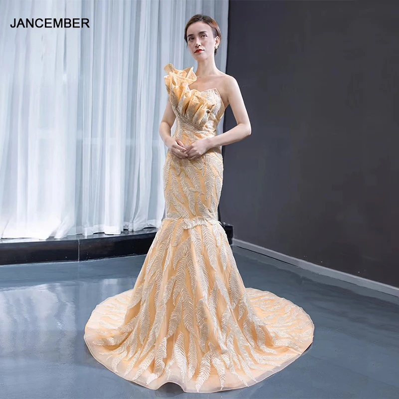 J66966 jancembber/платье русалки для девочек на одно плечо с цветочной аппликацией