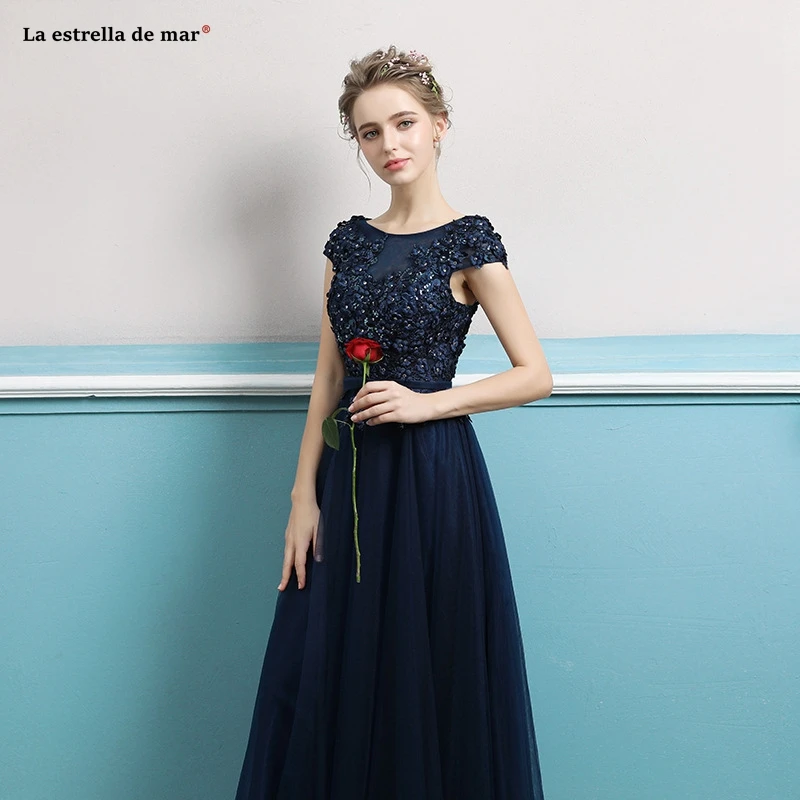 Vestido de madrinha azul Черпак шеи 3D цветок кружева кепки рукав трапециевидной формы темно синие платья подружки невесты длинное свадебное платье для гостей