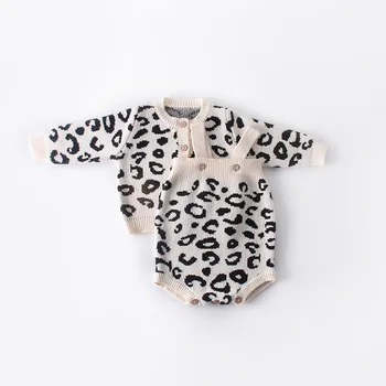 

2020 New Baby Girls Outfits Leopard print Jumpsuit Infant Knitted Romper Cardigan Clothes Baby Suits Winter Playsuit 6-24Months