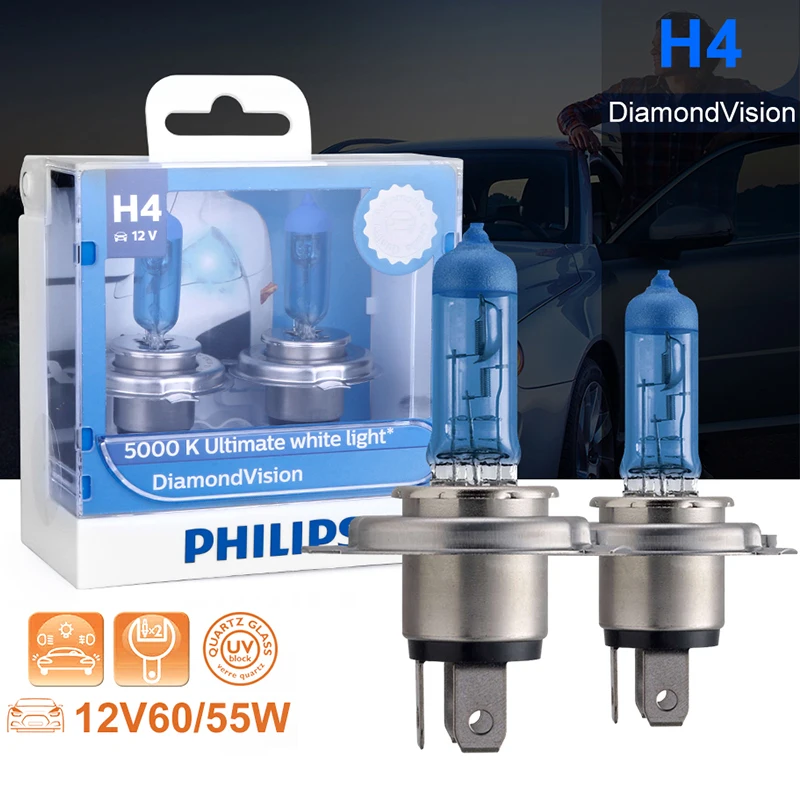 

Philips h4 halogen 55W 12V Diamond Vision 5000K Ultimate White Light auto lamp H4 Headlight Original Car Accessories 2PCS