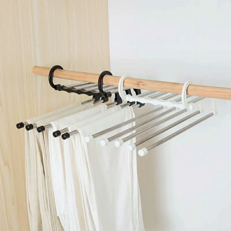 

5-in-1 Portable ABS Stainless Steel Fabric Multifunction Storage Rack Double Hooks 5 Way Rack Black Hanger Pants Save Space