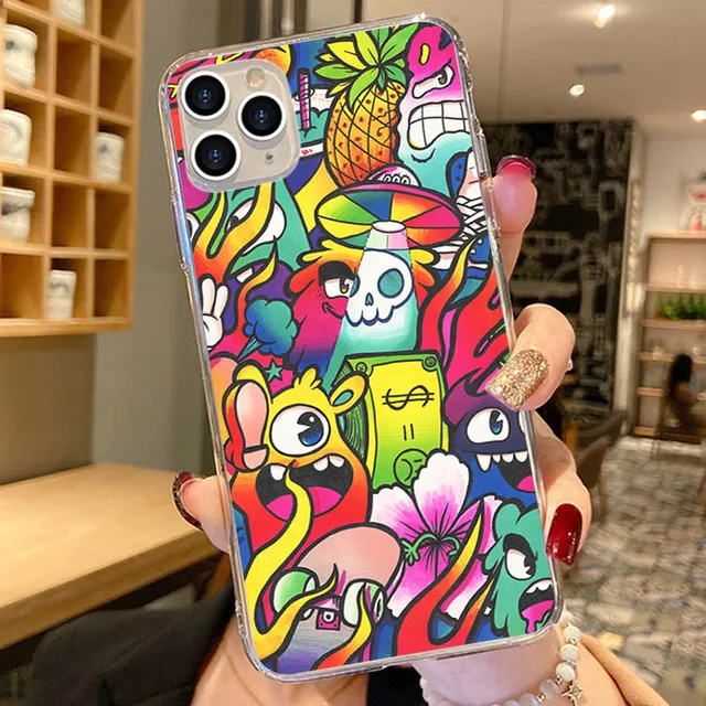 Phone Case For iPhone 13 12 11 Pro XS Max 7 8 6 6s Plus 13Mini SE2020 X XR Graffiti Sticker Art Soft TPU Silicone Cases Cover PTTM-CLS05
