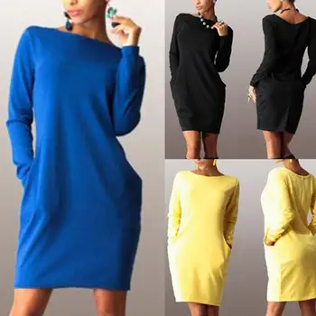 

Women Casual Solid Color O Neck Pockets Long Sleeve Loose Plus Size Mini Dress Pockets Long Sleeve Loose Plus Size Mini Dress