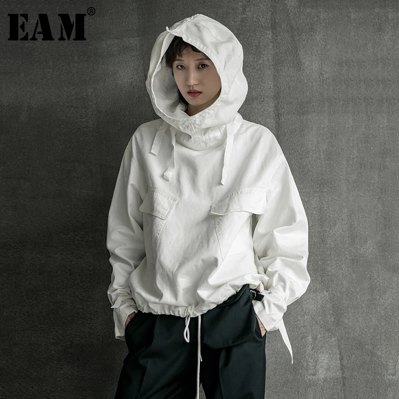 

[EAM] Loose Fit Drawstring Spliced Sweatshirt New Hooded Long Sleeve Women Big Size Fashion Tide Autumn Winter 2019 1B752