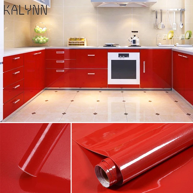 Papel tapiz de vinilo autoadhesivo para encimera de cocina, pegatinas  decorativas DIY, papel de Contacto rojo brillante, armarios de armario -  AliExpress