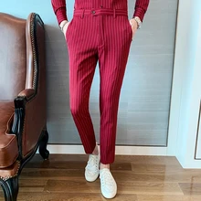 Красный мужской костюм в полоску брюки деловые повседневные брюки осенние брюки мужские белые черные красные серые брюки высокого качества