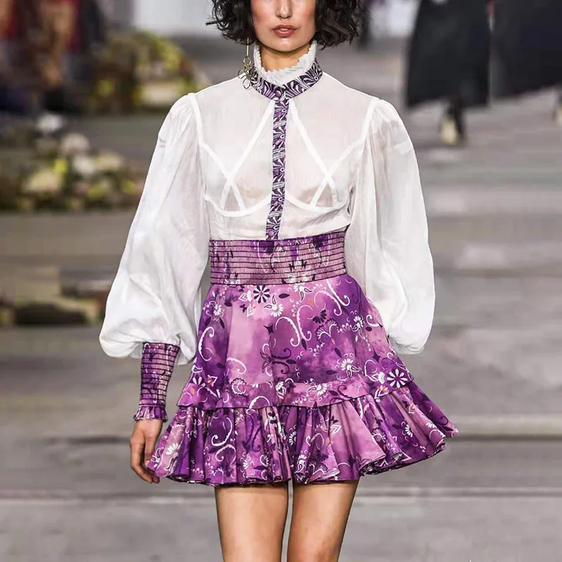 

Autumn Dress 2019 New Vertical Collar Contrast Printing Waist Long Sleeve A Group Puff Sleeve Knee-Length Print Dress Women