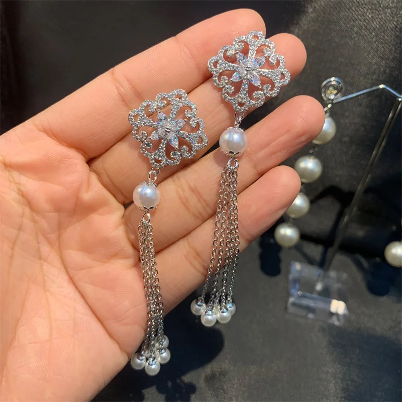 Серьги-гвоздики из серебра S925 пробы, новая мода, полые цветы, жемчуг и CZ кисточка, цепочка, подвеска, серебряные серьги, свадебные женские ювелирные изделия