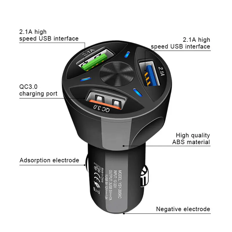 Адаптер для автомобильного прикуривателя с 3 USB портами быстрая зарядка QC3.0