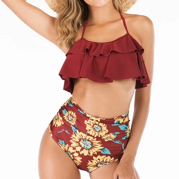 

2020 Plus Size Bikini Ladies Swimsuit Push Up Swimsuit High Waist Biquini Backless Backless Swimsuit Ruffled Beach Wear Summer