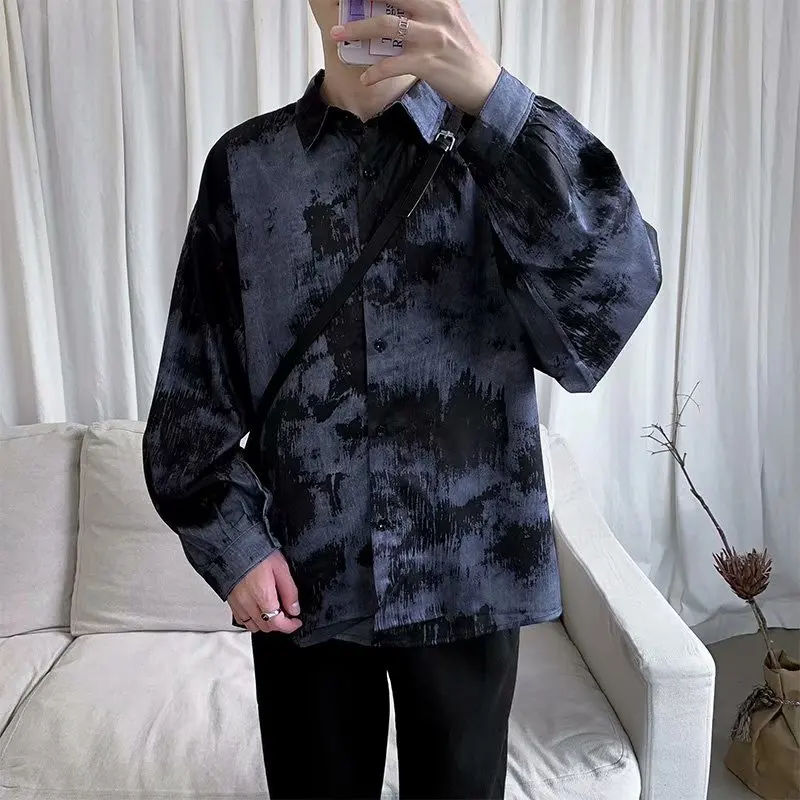 Blue Яркое, градиентное, Harajuku, свободные рубашки для мужчин, повседневные, ретро, хип-хоп, топы с длинными рукавами, модные уличные мужские рубашки WGCS04 - Цвет: Blue