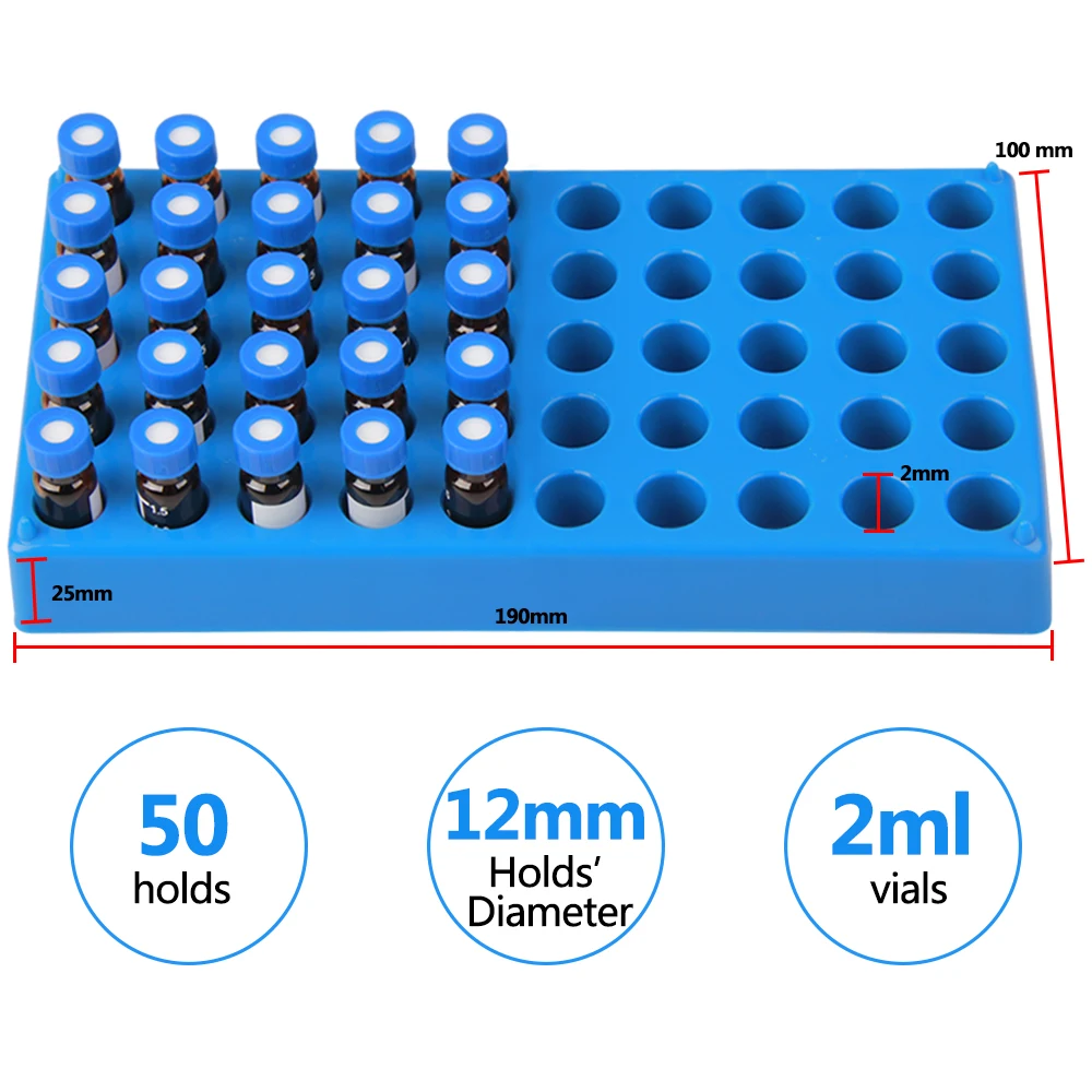 

FOURE'S SCIENTIFIC 2 Pack Plastc Vial Rack 50 Holds Diameter 12mm 1.5/2ml Vials Centrifuge Tube Racks Stackable Lab Supplies