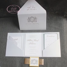 Для некоторых стран! HI1140 Пользовательские Элегантные белые карманные складные свадебные карточки с серебром и печать золотой фольгой