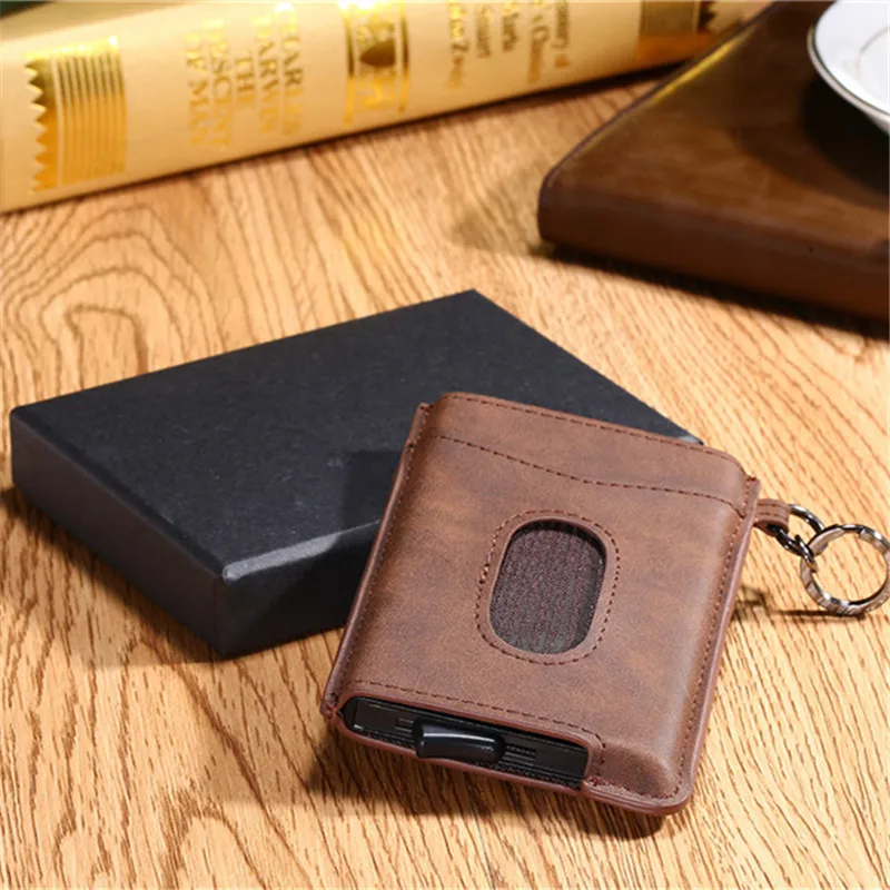 BISI GORO RFID Блокировка кредитный держатель для карт Anit-theft кошелек карта для мужчин и женщин автоматический всплывающий Чехол для карт кожаный держатель для ID - Цвет: PU Brown With Box