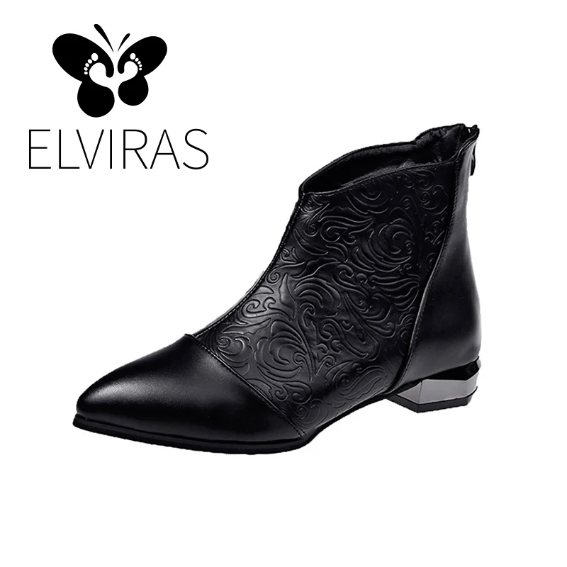 

ELVIRAS Women Ankle Boots Embossing Winter short plush Autumn Martin Short Boots Women Low Heel Boots Sexy Ladies Black Shoes
