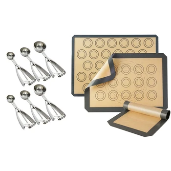 

1 Set Biscuit Spoon Set Ice Cream Scoops with Triggers & 1 Set Silicone Baking Mats-Non Stick Cookie Sheet Mat Liner