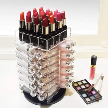 

Acrylic Rotating Lipstick Rack Holder 64Grids Makeup Organizer Spinning Lipstick Tower Lipgloss Holder With Removable Divider
