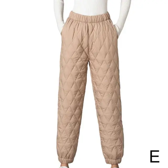 Women Winter Warm Down Cotton Pants Padded Quilted Trousers Elastic Waist Casual Trousers E-2XL