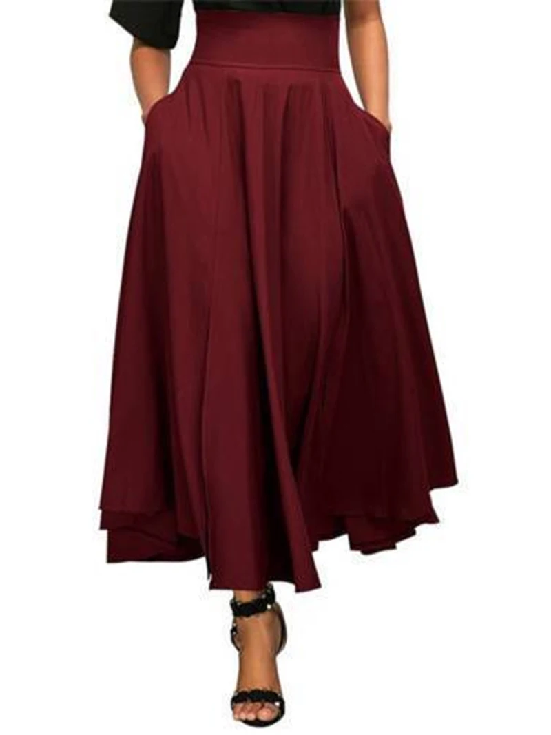 Long Skirt Women 2020 Fashion Waist Tie Solid Summer Skirts for Women Elegant Party Pleated Ladies Female A-line Skirts  (5)