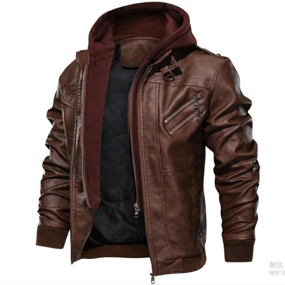 Mens Leather Jacket Men Motorcycle Removable Hood Winter Coat Men Fashion Warm Genuine Leather Jackets Mens Leather Jacket