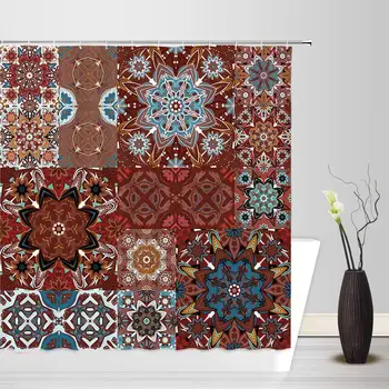 

Moroccan Decor Shower Curtain Set Retro Patchwork Pattern with Different Mandala Motif Ethnic Chic Image Artful Theme Bathroom