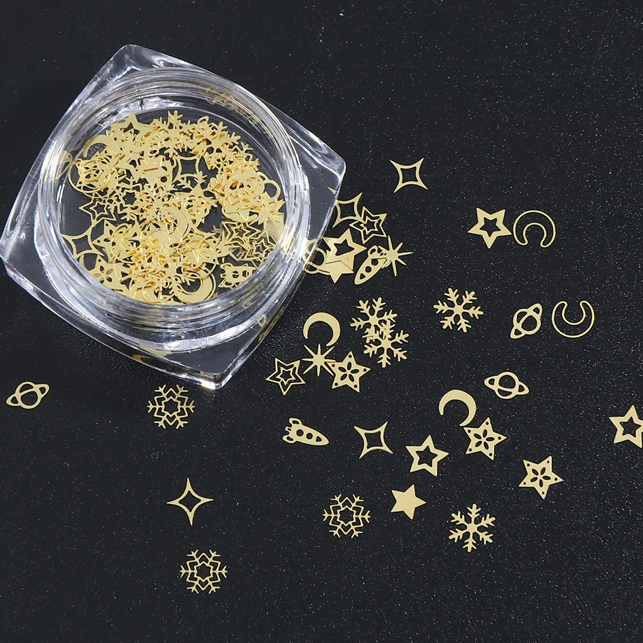 120pcsbox 3D Metallic Alloy Nail Art Decorations Sequins Gold Snowflake Star Moon Flakes Paillete Manicure Accessories LY970-C (2)