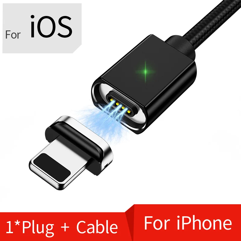 Магнитный кабель для iPhone samsung 2A, быстрая зарядка, магнитный usb-кабель для телефона, кабель Micro USB type C, магнитный кабель для зарядки и синхронизации данных - Цвет: Black for iPhone