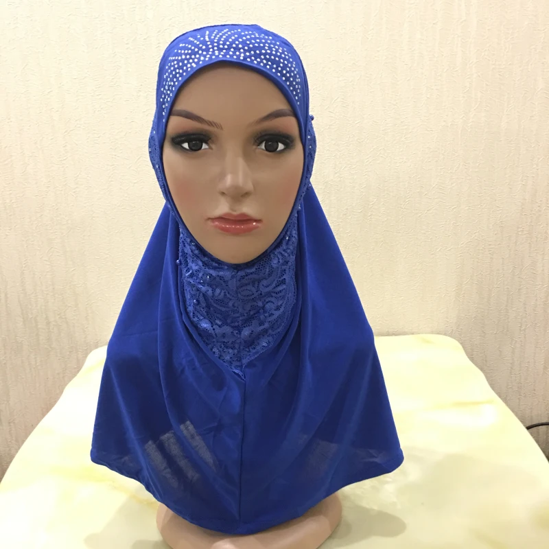 H1333 latest muslim one piece pull on hijab with lace and beads islamic amira muslim scarf arabic headwrap