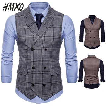 

HMXO Men's Suit Vest Men Jacket Sleeveless Gray Coffee Vintage Double Breasted Vest Fashion Spring Autumn Plus Size Waistcoat