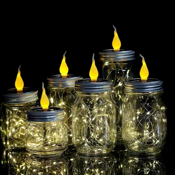 

New 6 Pack Solar Mason Jar Lights with Candle Flame Handles Included, 20 Led String Fairy Firefly Lights Lids Insert for Regular