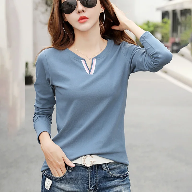 

Autumn t-shirt long sleeve v neck simple lady shirts slim plus size solid color elegant top female korean streetwear casual tops
