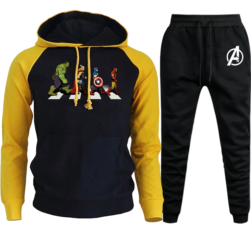 Мужская популярная одежда с принтом Мстителей Marvel, толстовка с капюшоном+ штаны, мужские комплекты, повседневная спортивная одежда, Железный человек, пуловеры, толстовки, штаны - Цвет: yellow black6