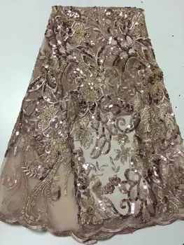 

Latest Rose Gold Pink Flowers French Nigerian Sequins Mesh Lace Fabric High Quality African Laces Fabric Wedding Dress Lace