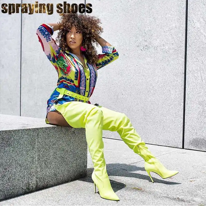 

Neon Green Thigh High Boots Women Pointy Toe Stiletto Chap Boots Belted High Waist Stretch Fabric Boots Sexy Ladies Party Shoes