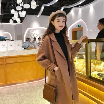

Wool Women Clothes Winter Solid Simple All Match Womens Coats Korean Style New Fashion Pockets Females Kawaii Blends Soft Chic