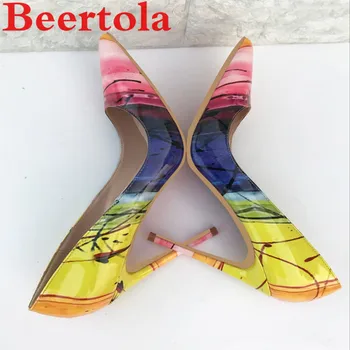 

Hot Patent Leather Women Shoes Pointed Toe Shallow Mixed Color Big Size Graffiti High Heels Pumps Yellow Blue Pink Ladies Shoes