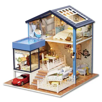 

New arrival Miniature Wooden Doll House With DIY Furniture Toys LED Light Model Kit For Kids Children Birthday Gift Seattle A061