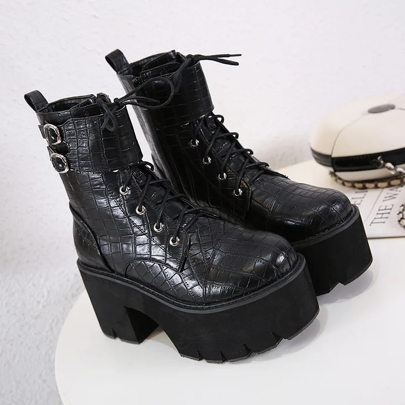 

Lolita Boots Bootee Woman 2019 Booties Ladies Chunky Heel Round Toe Shoes Winter Women Lace Up Autumn Mid-Calf Rubber Mid Calf