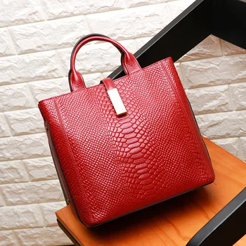 

SUPER SPACE New leather handbags crocodile pattern first layer cowhide women's big bag shoulder messenger portable ladies bag