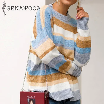 

Genayooa Striped O Neck Pullover Sweater Women Casual Knit Ladies Sweater Rainbow Sweater Woman Winter 2019 Jumper Korean Style