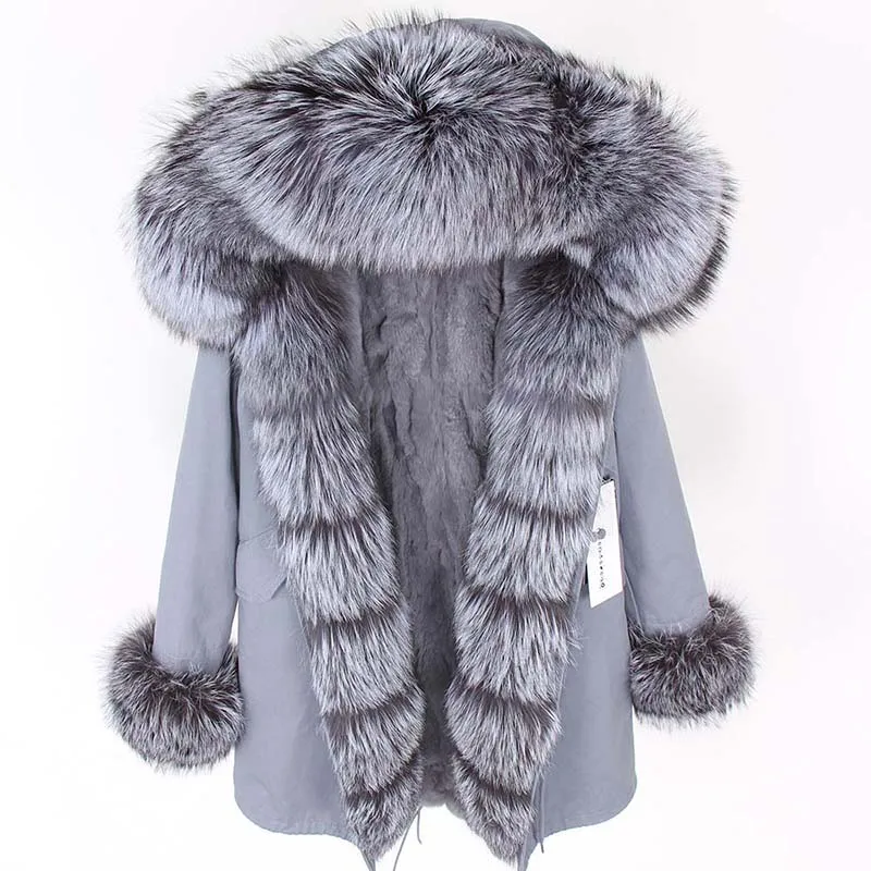 Superpromoción 2019 Abrigo De Piel Real Cuello De Piel De Zorro Forro De Pelo Natural Auténtico De Conejo Parka Larga Chaqueta Cálida De Invierno Para Mujer Casual Prendas De Vestir Exteriores Delgadas