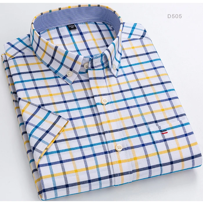 Men's Oxford Short Sleeve Summer Casual Shirts Single Pocket Comfortable Standard-fit Button-down Plaid Striped Cotton Shirt